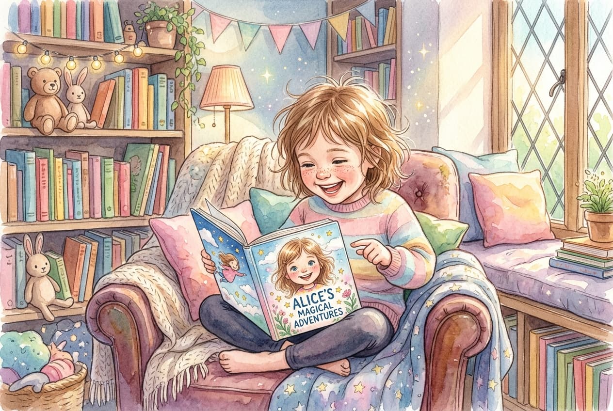 Kind liest begeistert ein personalisiertes Bilderbuch